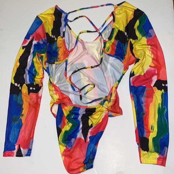 SHEIN Vibrant WaterColor Long Sleeve Backless Lace Up Bodysuit - Picture 2 of 4